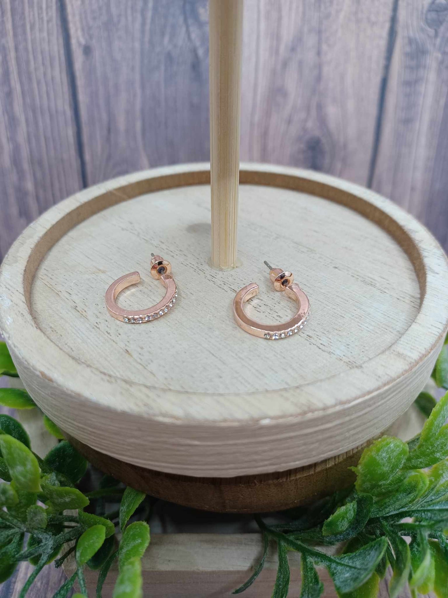 Rose Gold Hoop Earrings w/ Rhinestone Accents