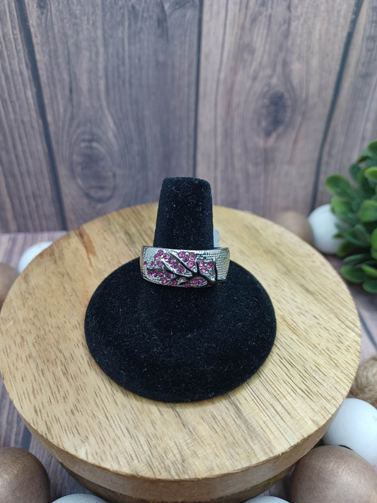 Silver Ring w/ Pink Tree Branch Style Rhinestone Accents - Size 9