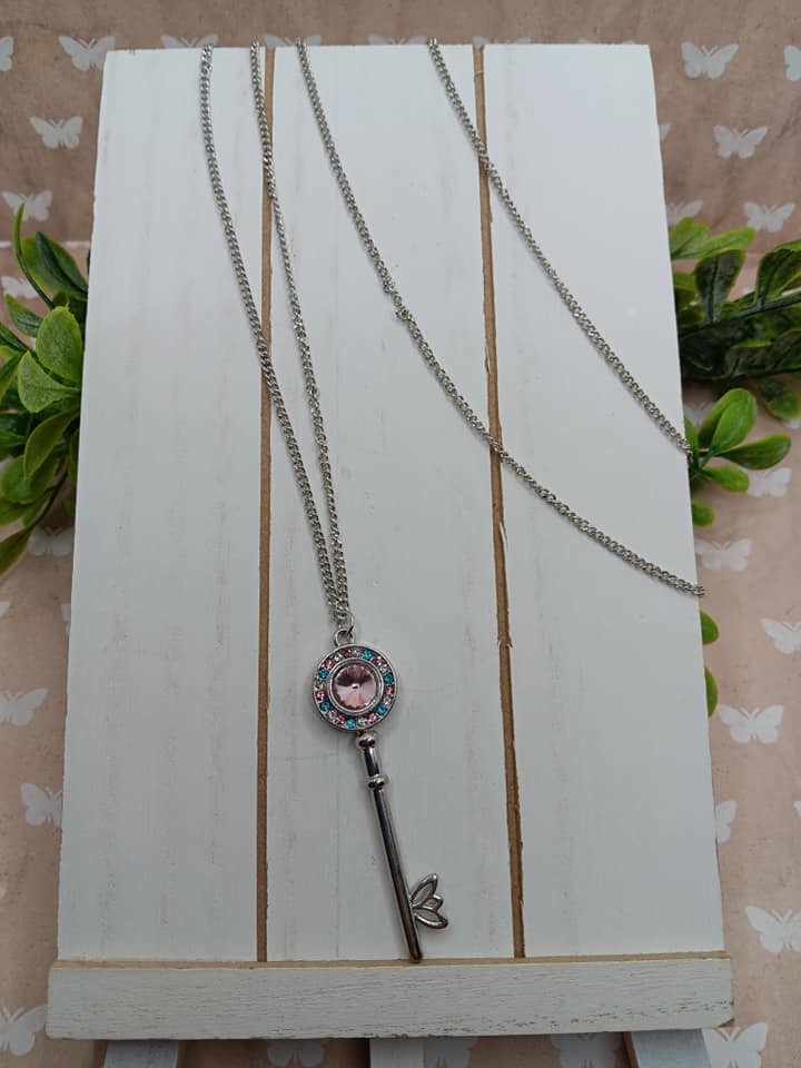 Silver Key Necklace w/ Pink & Blue Rhinestones