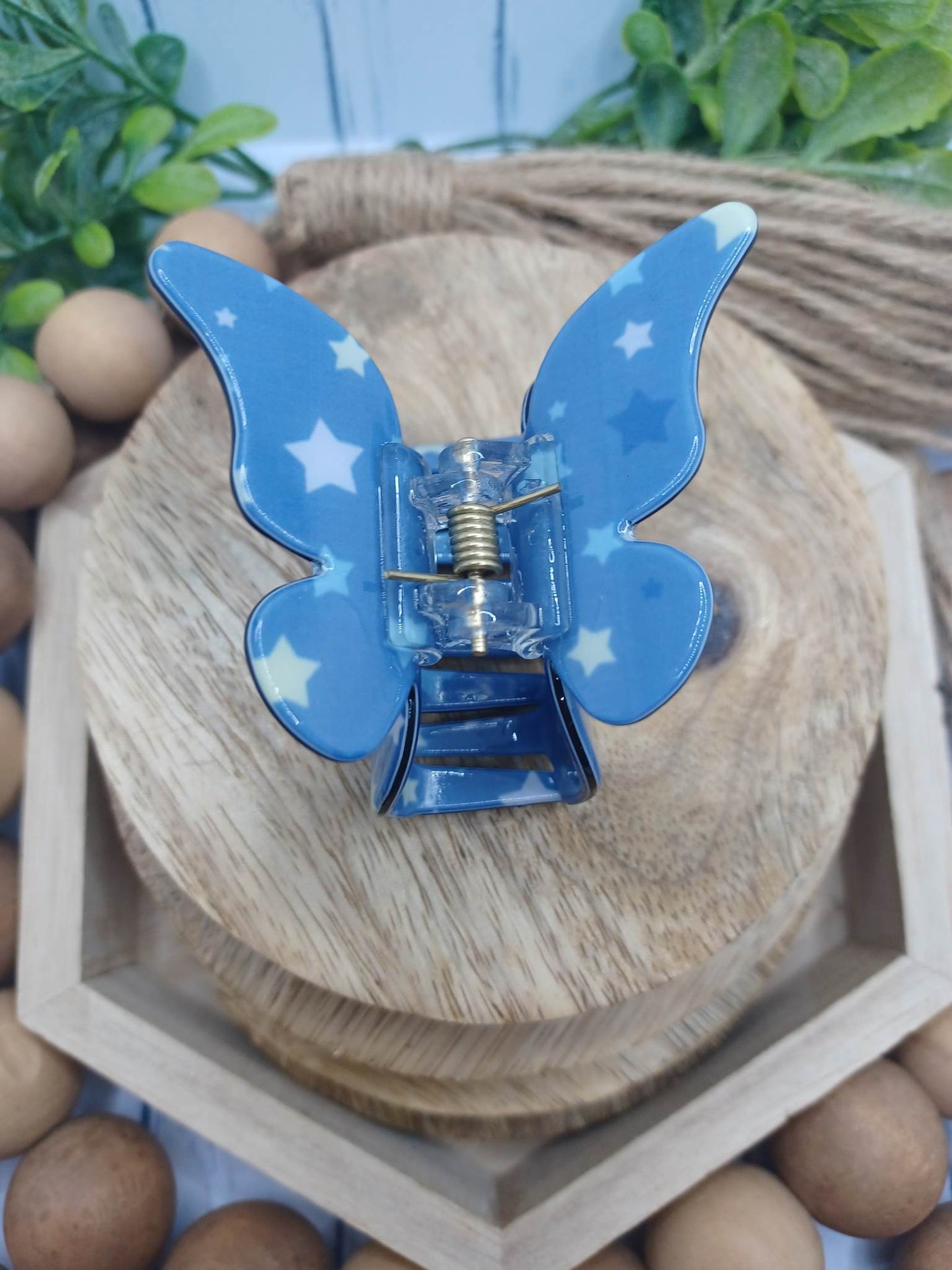 Light Blue Butterfly Hair Claw Clip w/ Multicolored Stars