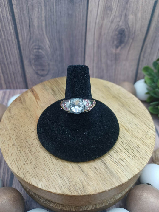 Silver Ring w/ White Rhinestone & Pink Rhinestone Accents - Size 7.5
