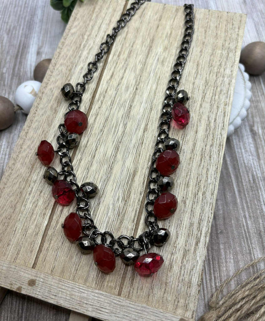Gunmetal Necklace w/ Red & Gunmetal Beading