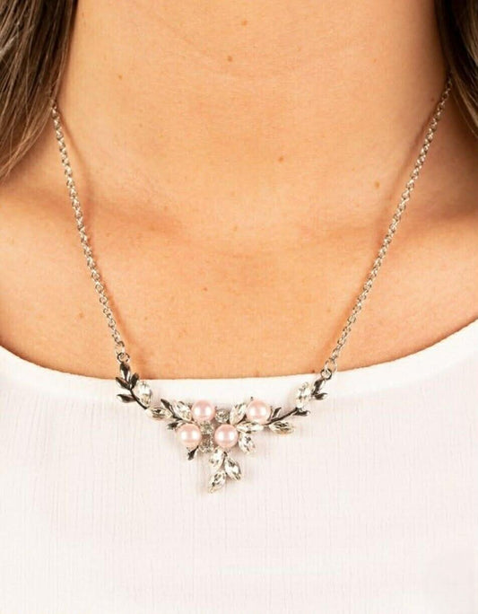 Dainty Silver Necklace w/ Pink Pearl & Rhinestone Accents