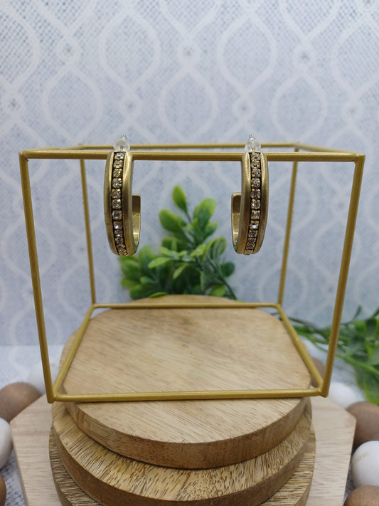 Dainty Brass Hoop Earrings w/ Rhinstones