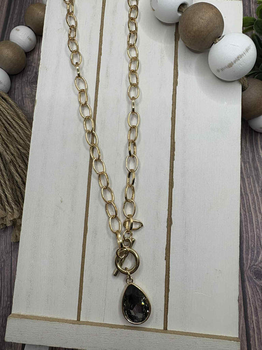 Gold Toggle Necklace w/ Gunmetal Teardrop Pendant