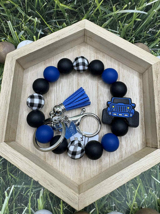 Blue Truck Beaded Wristlet Keychain