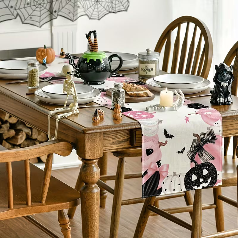 Pink, Black, White Halloween Table Runner