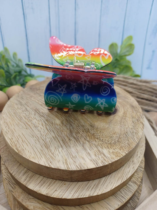 Multicolored Butterfly Hair Claw Clip w/ White Outlined Shapes