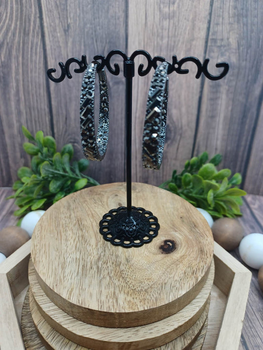 Gunmetal Earrings w/ Gunmetal Rhinestones on Inner & Outer