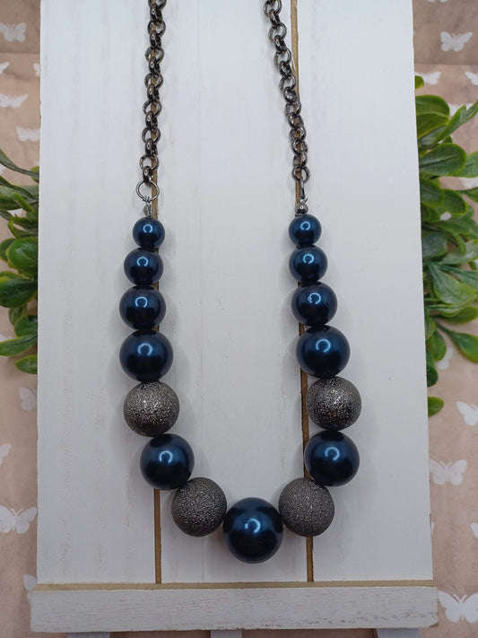 Gunmetal Necklace w/ Deep Blue & Graphite Black Beading