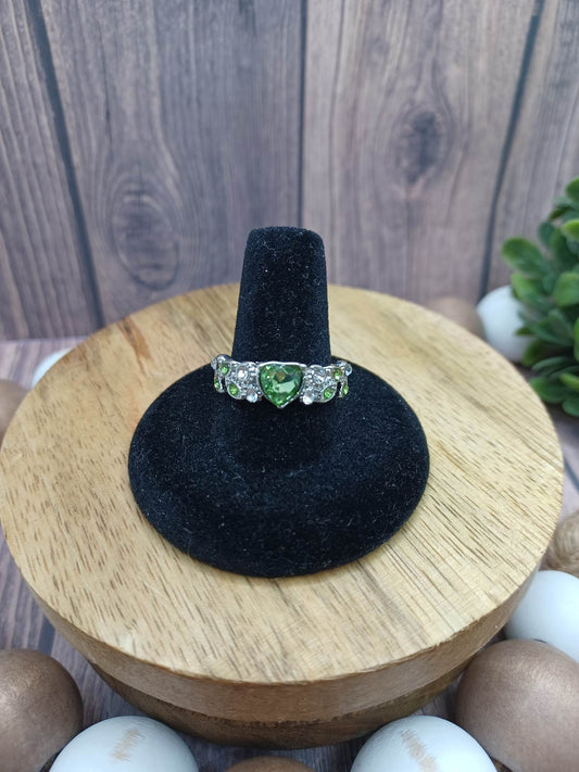 Silver Ring w/ White & Green Rhinestones & Heart - Size 9