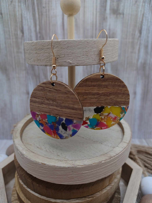 Wooden & Multicolored Acrylic Earrings