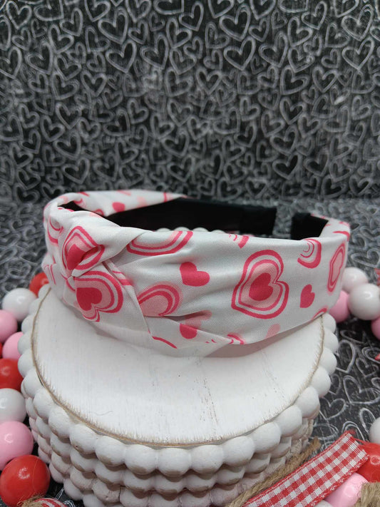 White w/ Pink Hearts Top Knot Headband
