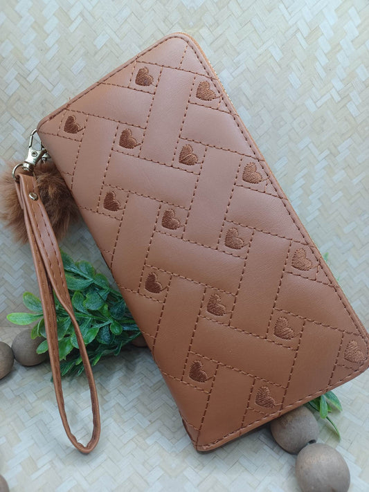 Brown Quilted Wallet w/ Heart Design & Pom Keychain