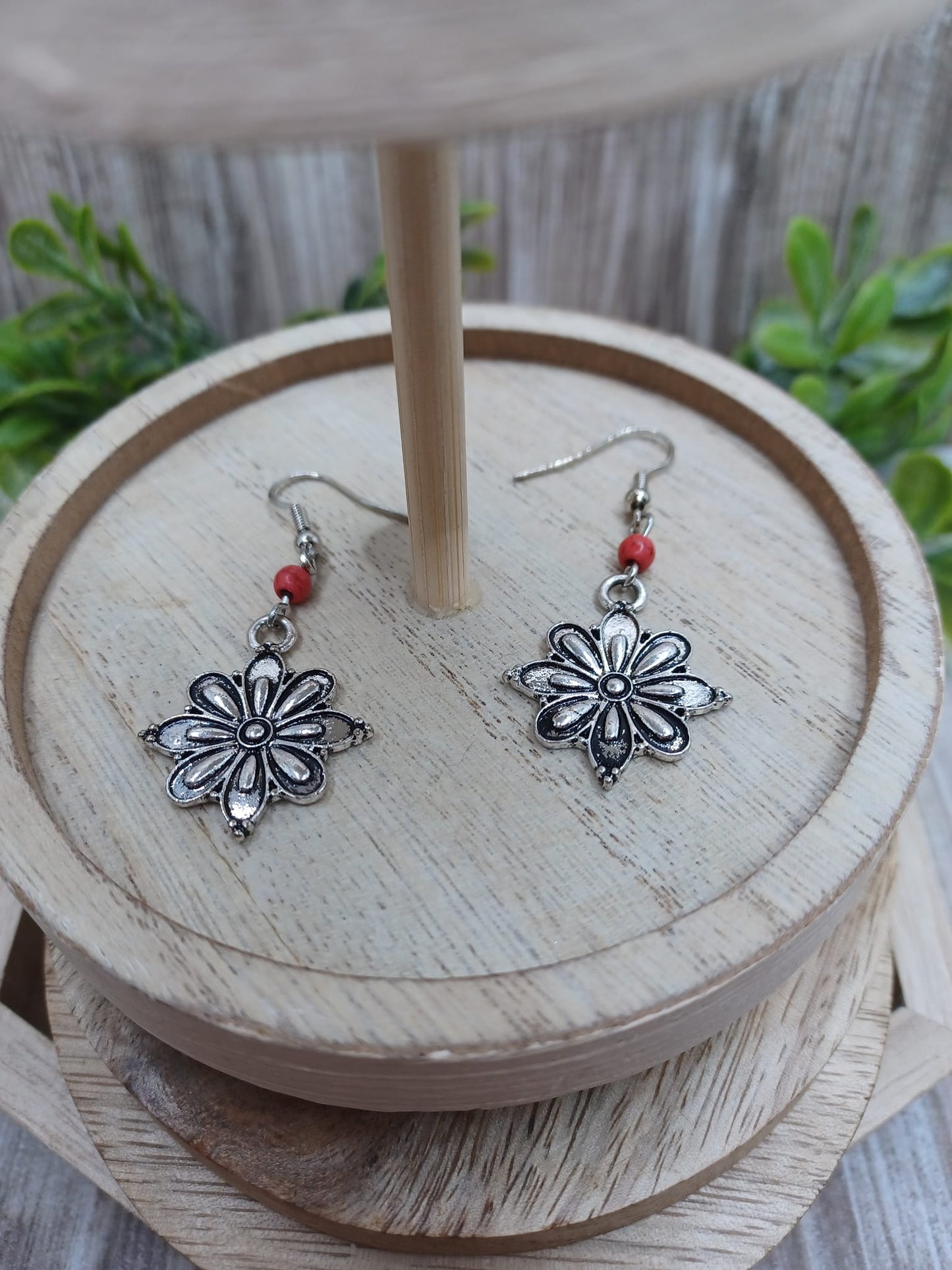 Silver Flower Earrings w/ Red Accent Beading