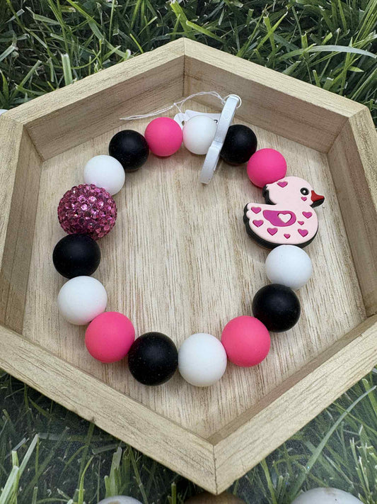 Pink, White, & Black Duck Beaded Wristlet
