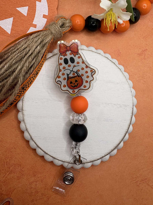 Jack O' Lantern Halloween Ghost Beaded Badge Reel