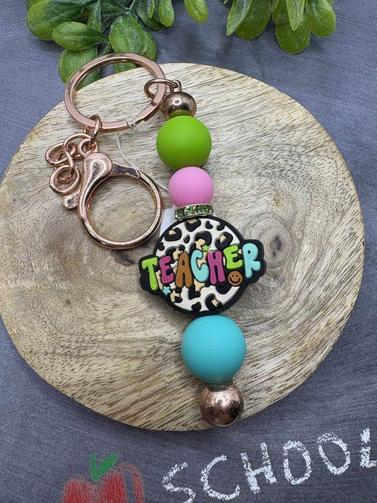 Leopard Teacher Beaded Keychain