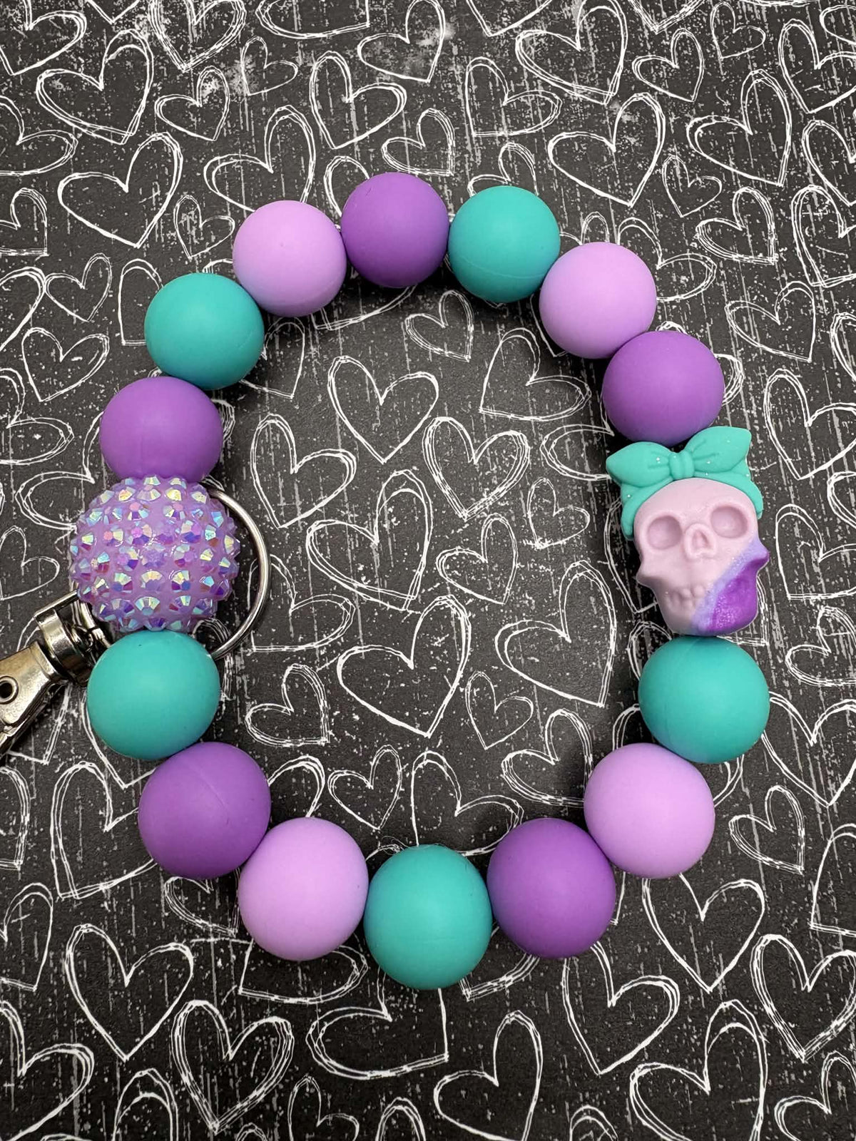 Purple & Teal Skull Beaded Wristlet Keychain