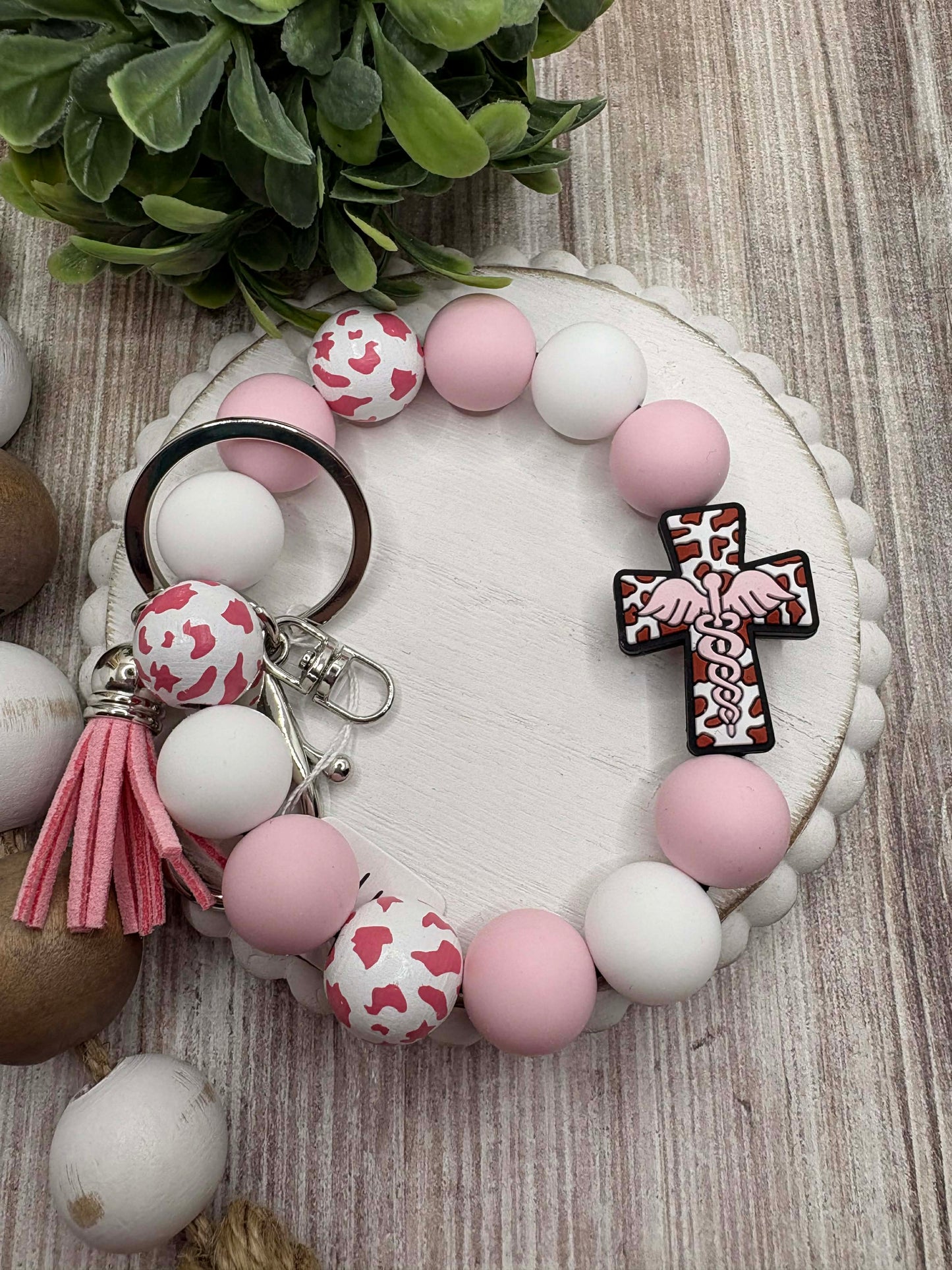 Light Pink & White Beaded Nurse Cross Wristlet