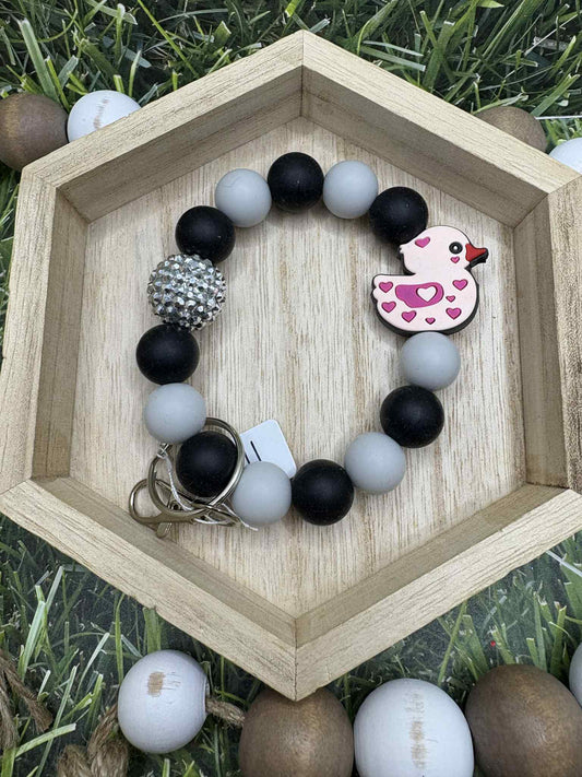 Pink, Grey, & Black Duck Beaded Wristlet Keychain