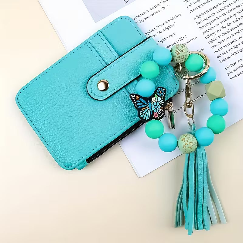 Teal Wristlet Wallet w/ Butterfly Beaded Wristlet