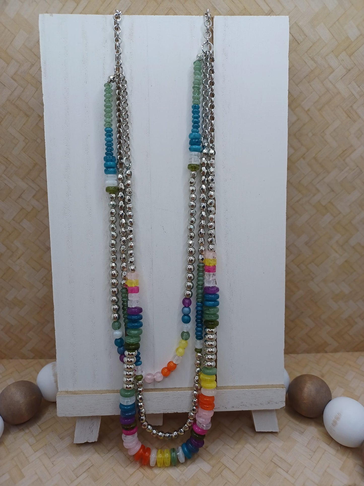 Silver Layered Necklace w/ Multicolored Beading