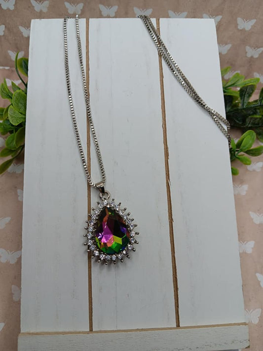Silver Box Style Chain Necklace w/ Oil Spill Teardrop Pendant
