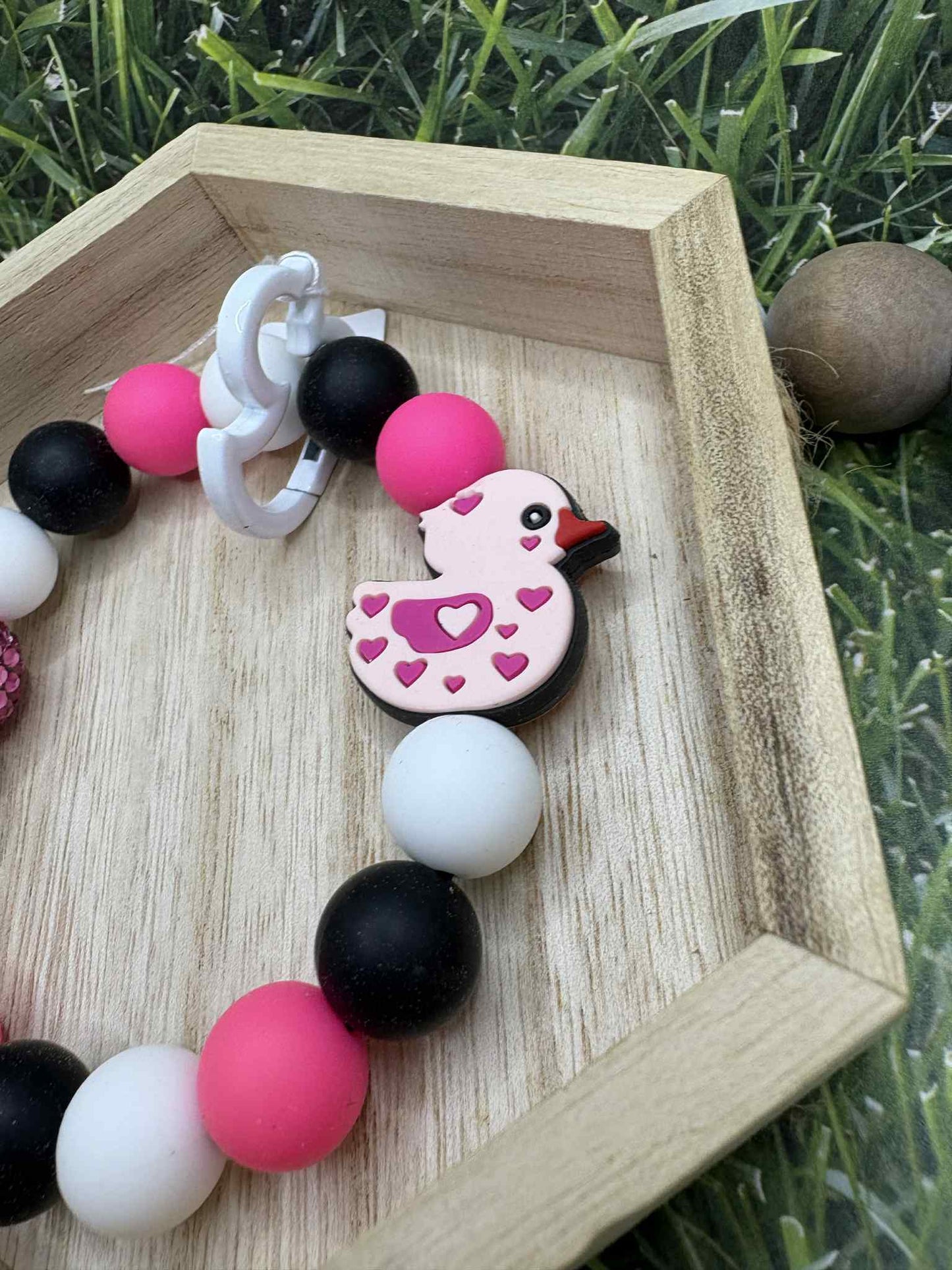 Pink, White, & Black Duck Beaded Wristlet