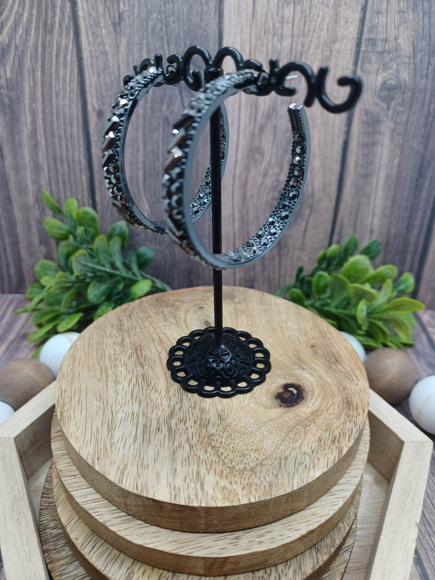 Gunmetal Earrings w/ Gunmetal Rhinestones on Inner & Outer