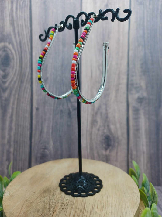 Silver J Style Hoop Earrings w/ Multicolored Beading