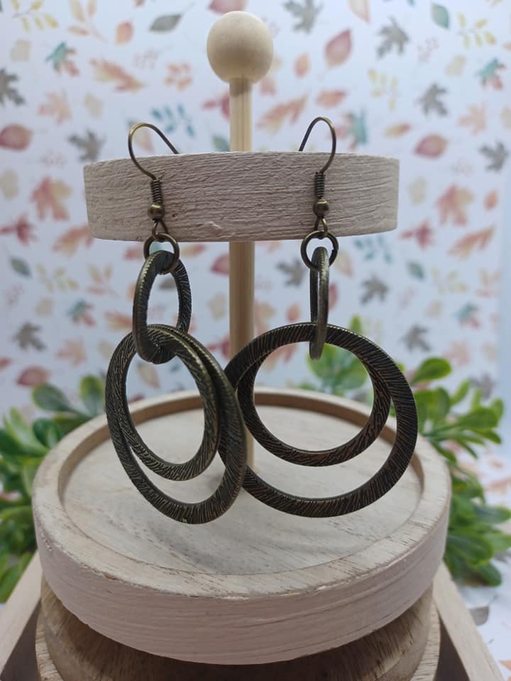Brass Textured Triple Circle Style Earrings