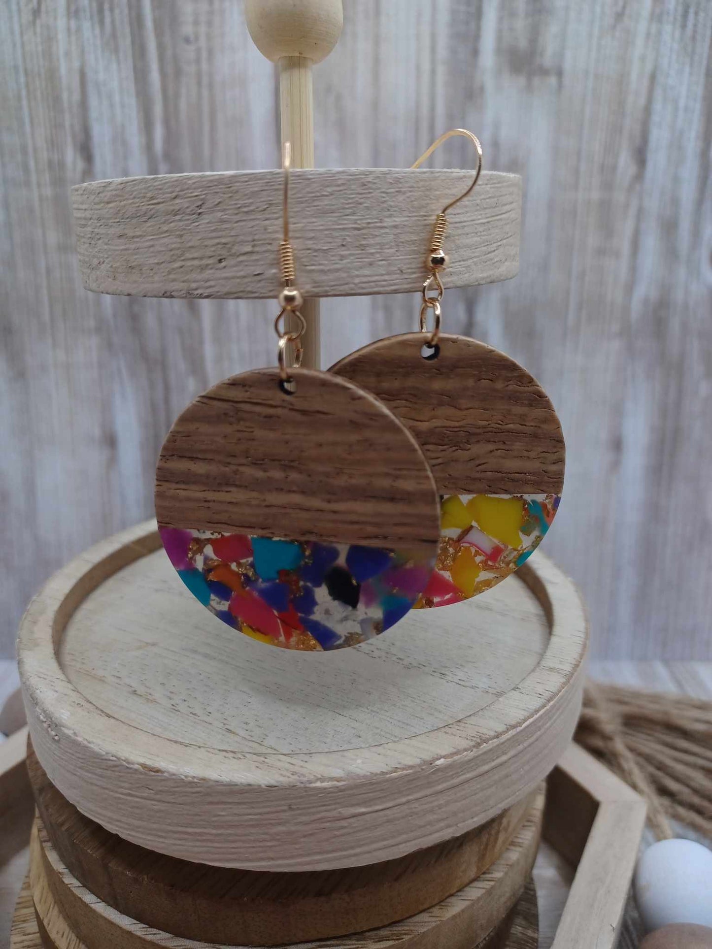 Wooden & Multicolored Acrylic Earrings