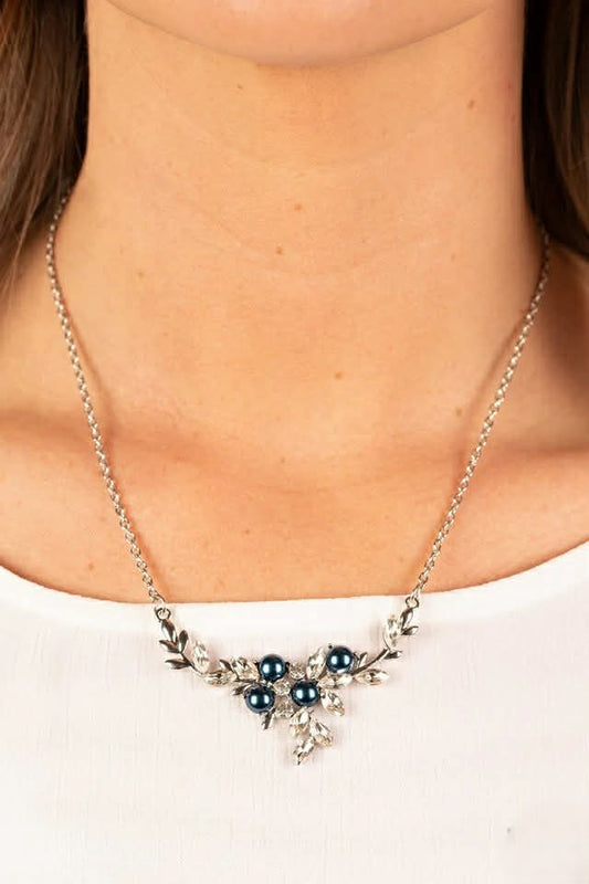 Dainty Silver Necklace w/ Blue Pearl & Rhinestone Accents