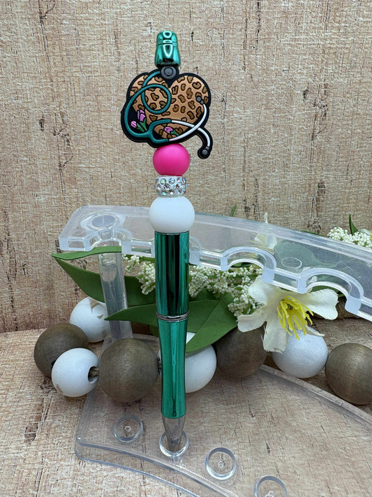 Leopard Heart Stethoscope Beaded Ink Pen