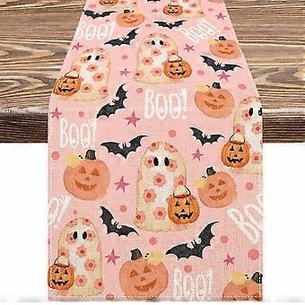 Orange & Pink BOO Halloween Table Runner w/ Pumpkins, Bats, & Floral Ghosts