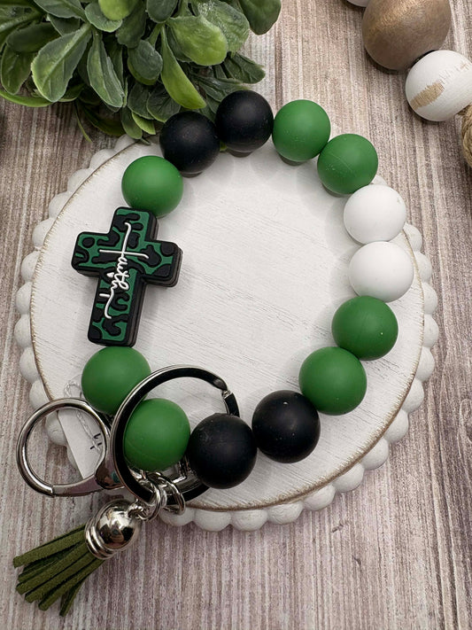 Green, Black, & White Beaded Cross Jesus Wristlet