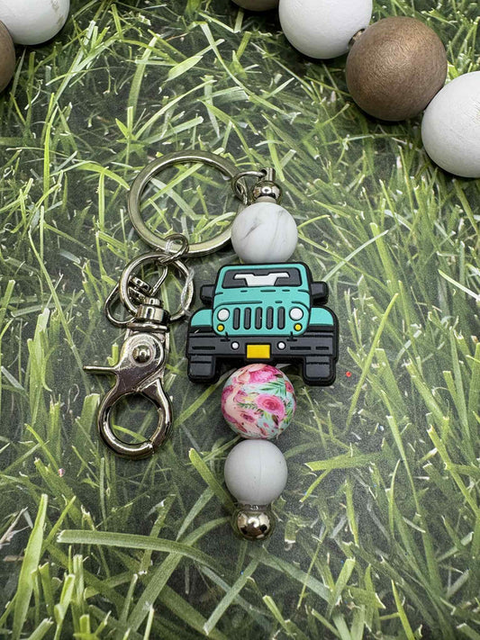 Teal Truck Beaded Keychain