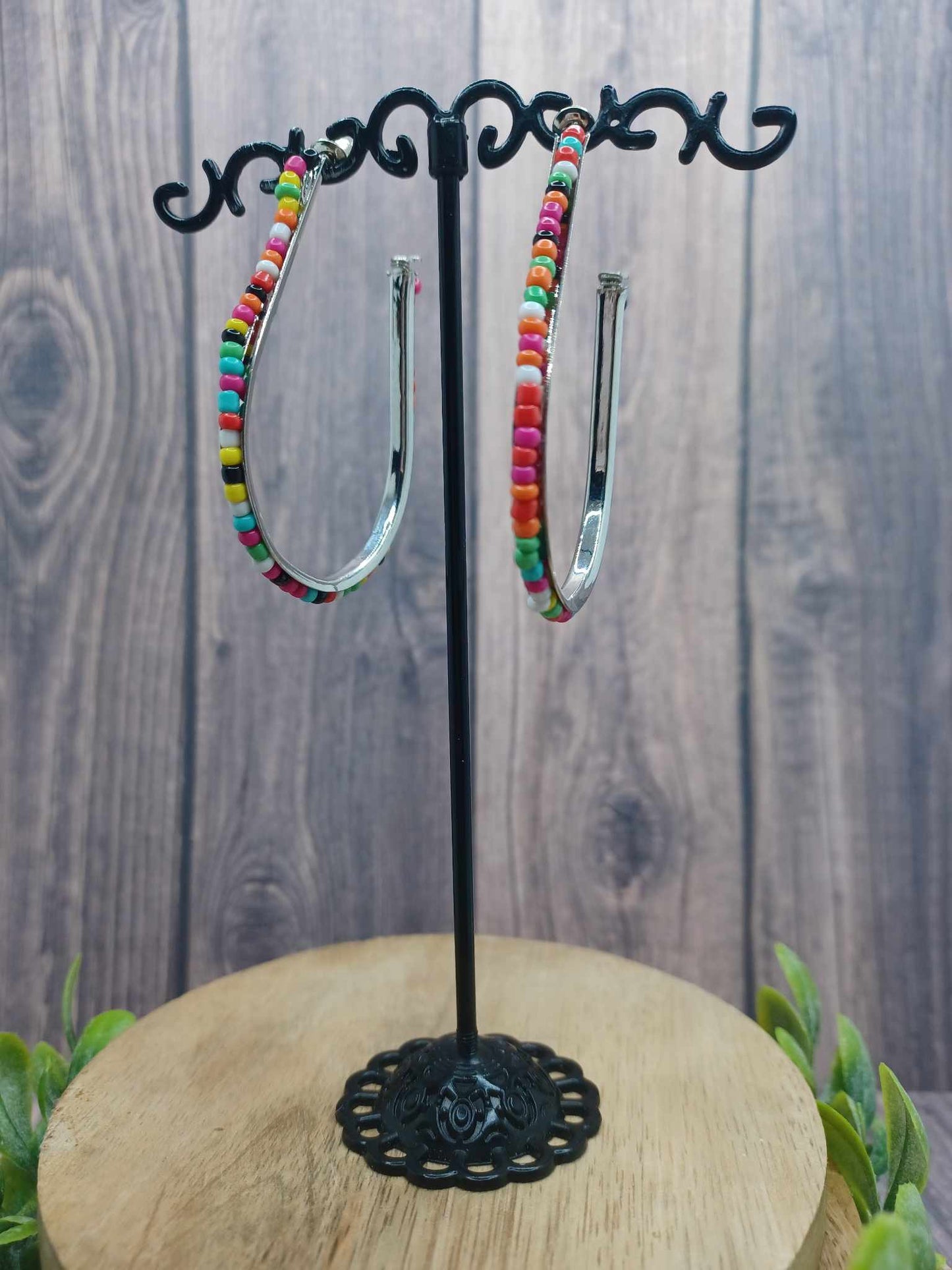 Silver J Style Hoop Earrings w/ Multicolored Beading
