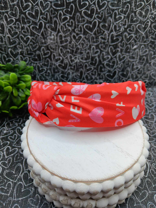 Red Love w/ Hearts Top Knot Headband