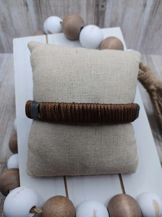 Brown Leather Style Bracelet w/ Brown Woven Detail & Pewter Details