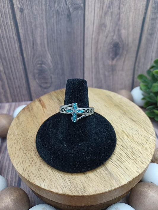 Silver Ring w/ Blue Cross Rhinestones - Size 9