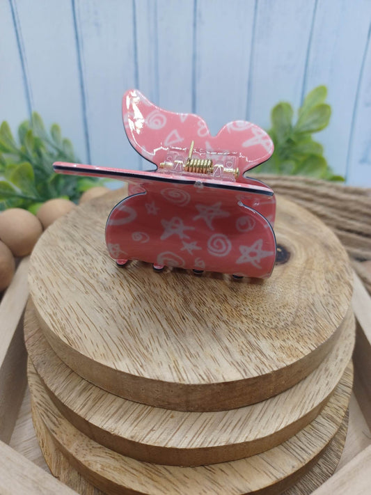 Pink Butterfly Hair Claw Clip w/ Multicolored Stars & Shapes