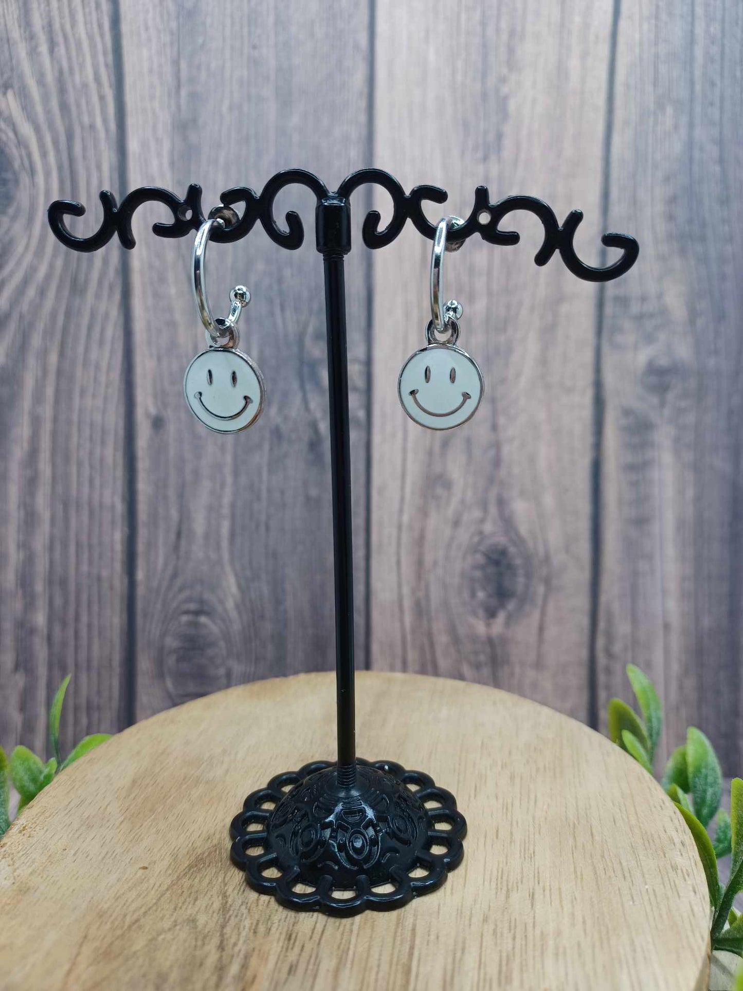 Silver Hoop Earrings w/ White Smiley Face