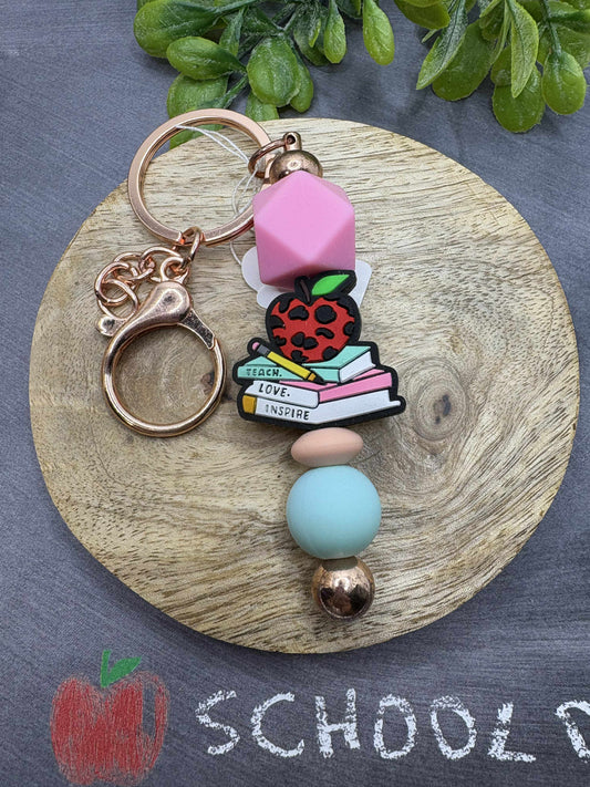 Teacher Apple & Books Beaded Keychain