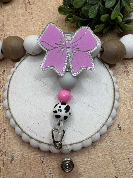 Pink Bow Beaded Badge Reel - Grey, Pink, Cow
