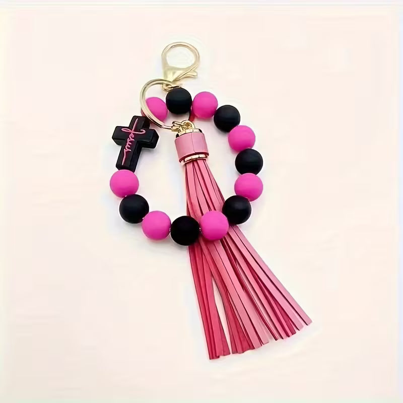 Jesus Beaded Wristlet w/ Tassel - PINK