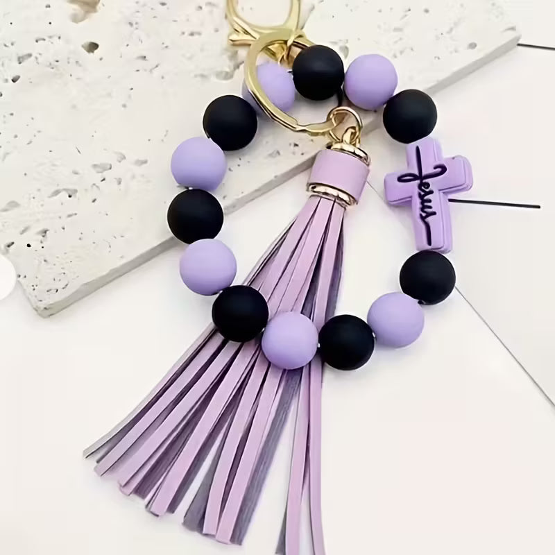 Jesus Beaded Wristlet w/ Tassel - PURPLE