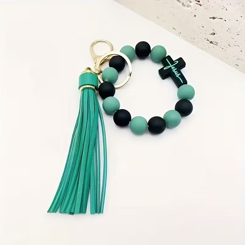 Jesus Beaded Wristlet w/ Tassel - TEAL