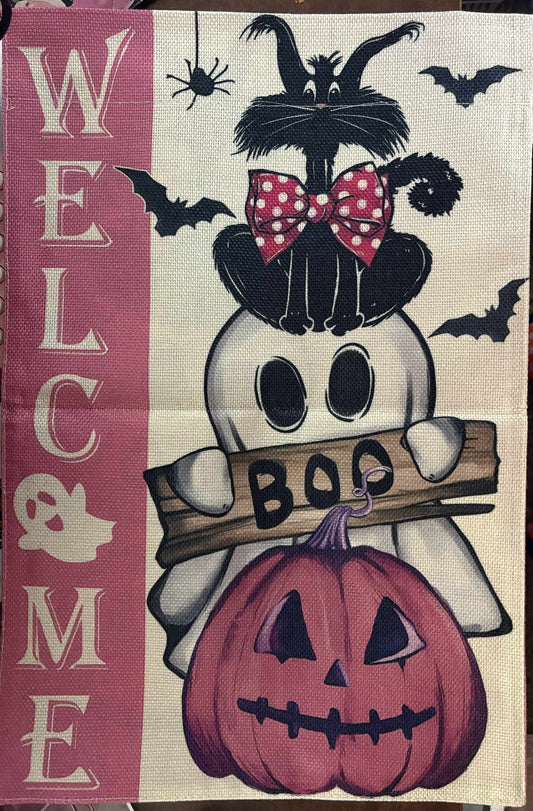 Pink Cat, Ghost, & Pumpkin Garden Flag
